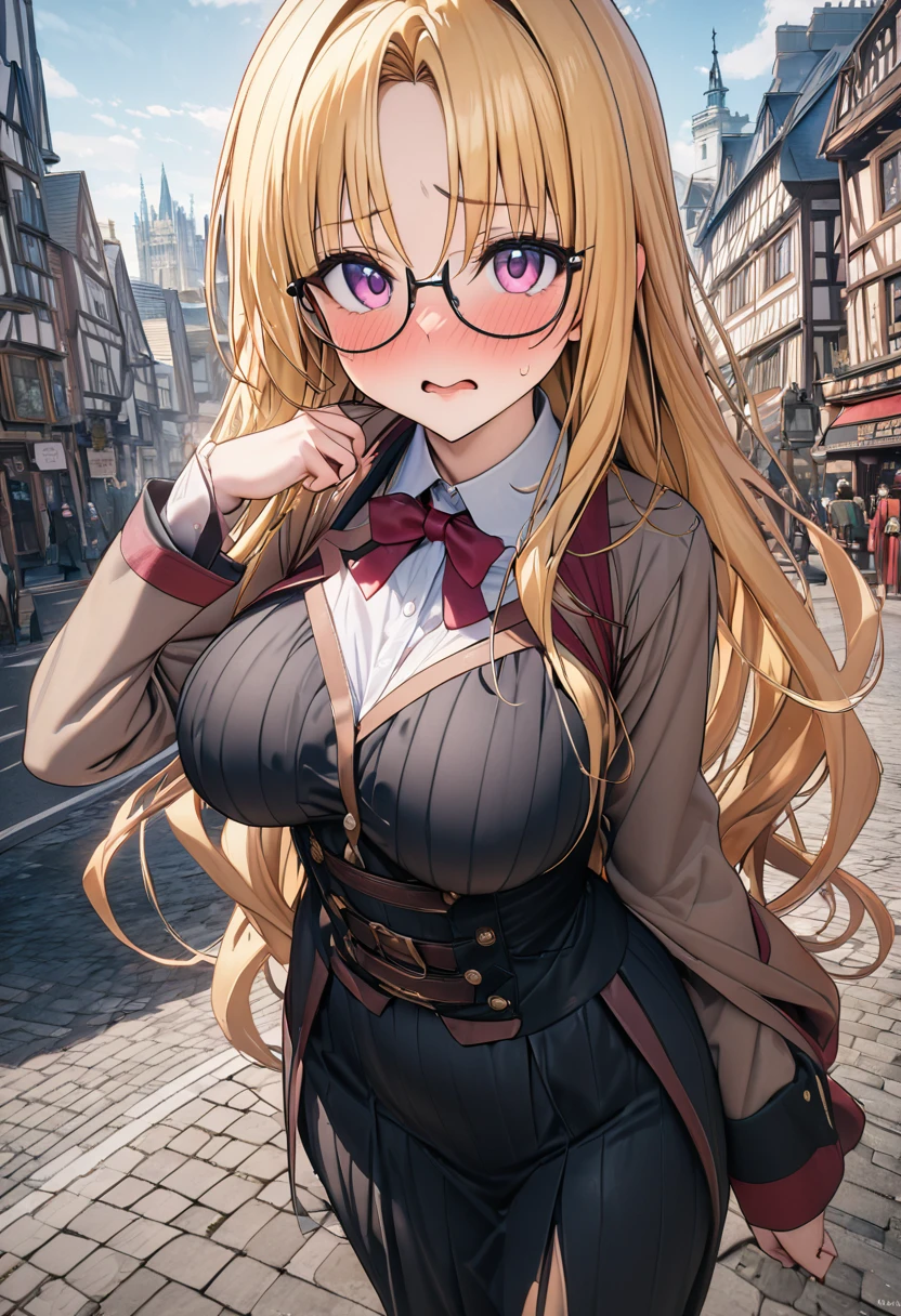 ((masterpiece,Highest quality,8k,Ultra-high resolution)),  1 person　、Adult woman in her 20s　,  Momo Juvenile Deviluke,                                     View your viewers　、　Embarrassed　,                                                             Golden Hair　, Long Hair　　 、(Center parted bangs) 　　、　　　　Pink eyes   　、Square Glasses　     　、                           The body is slim,   Big Breasts　　、　British Costume　、　City