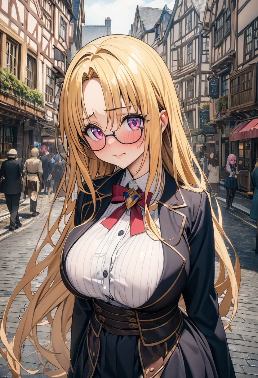 ((masterpiece,Highest quality,8k,Ultra-high resolution)),  1 person　、Adult woman in her 20s　,  Momo Juvenile Deviluke,                                     View your viewers　、　Embarrassed　,                                                             Golden Hair　, Long Hair　　 、(Center parted bangs) 　　、　　　　Pink eyes   　、Square Glasses　     　、                           The body is slim,   Big Breasts　　、　British Costume　、　City