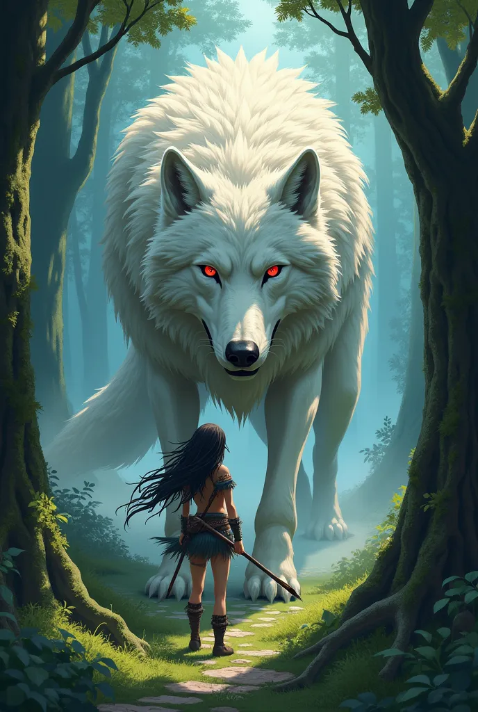 Very big white wolf、Glaring from the woods、Wolf&#39;s red eyes、Princess Mononoke、Wild girl with a spear、Riding on a wolf