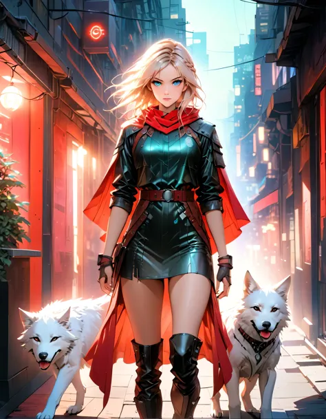 fantasy art, rpg art, ultra wide shot, raw, photorealistic, a picture of female human ranger and her (white: 1.4) wolf pet, the ...