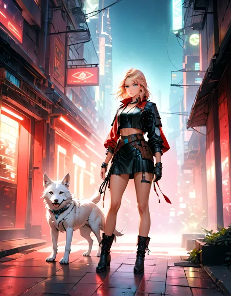 fantasy art, rpg art, ultra wide shot, raw, photorealistic, a picture of female human ranger and her (white: 1.4) wolf pet, the ...