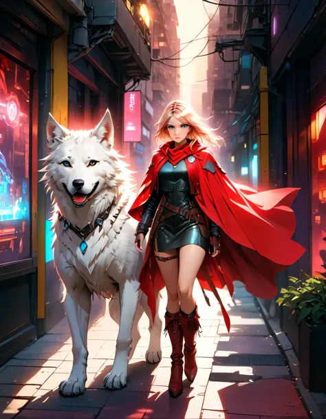 fantasy art, rpg art, ultra wide shot, raw, photorealistic, a picture of female human ranger and her (white: 1.4) wolf pet, the ...