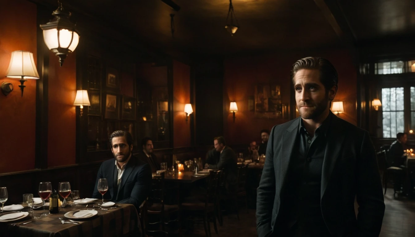 In a dark, ominous dining room, the final confrontation unfolds between the main character (Jake Gyllenhaal) and the restaurant owner (Armie Hammer). The room is filled with dim, cold light that creates deep shadows across the space. Jake Gyllenhaal’s character stands at the center, his face filled with shock and revelation as he gazes at a hidden, grotesque truth revealed before him. In the background, an eerie, almost ritualistic setup can be seen — distorted shapes or objects emerging from the darkness, casting long shadows on the walls. The restaurant owner stands nearby, calm and composed, a sinister smile on his face as the full scope of the dark secret is revealed. The atmosphere is thick with dread, as though the very air is heavy with the weight of the truth. The scene should evoke a sense of finality and unsettling horror, with surreal elements emerging from the shadows to emphasize the dramatic moment.