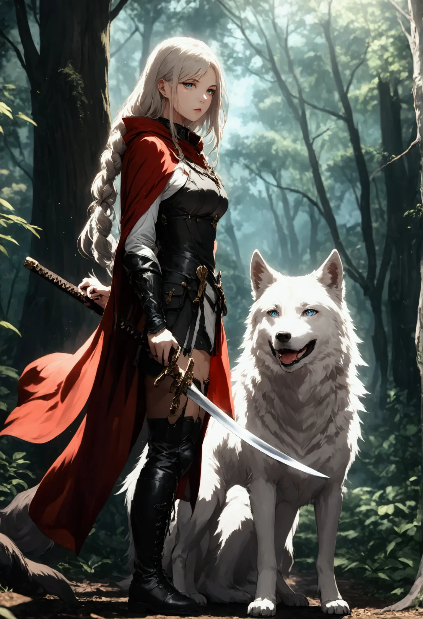 fantasy art, rpg art, dark fantasy art, ultra wide shot, raw, photorealistic, a picture of female human ranger and her (white: 1...