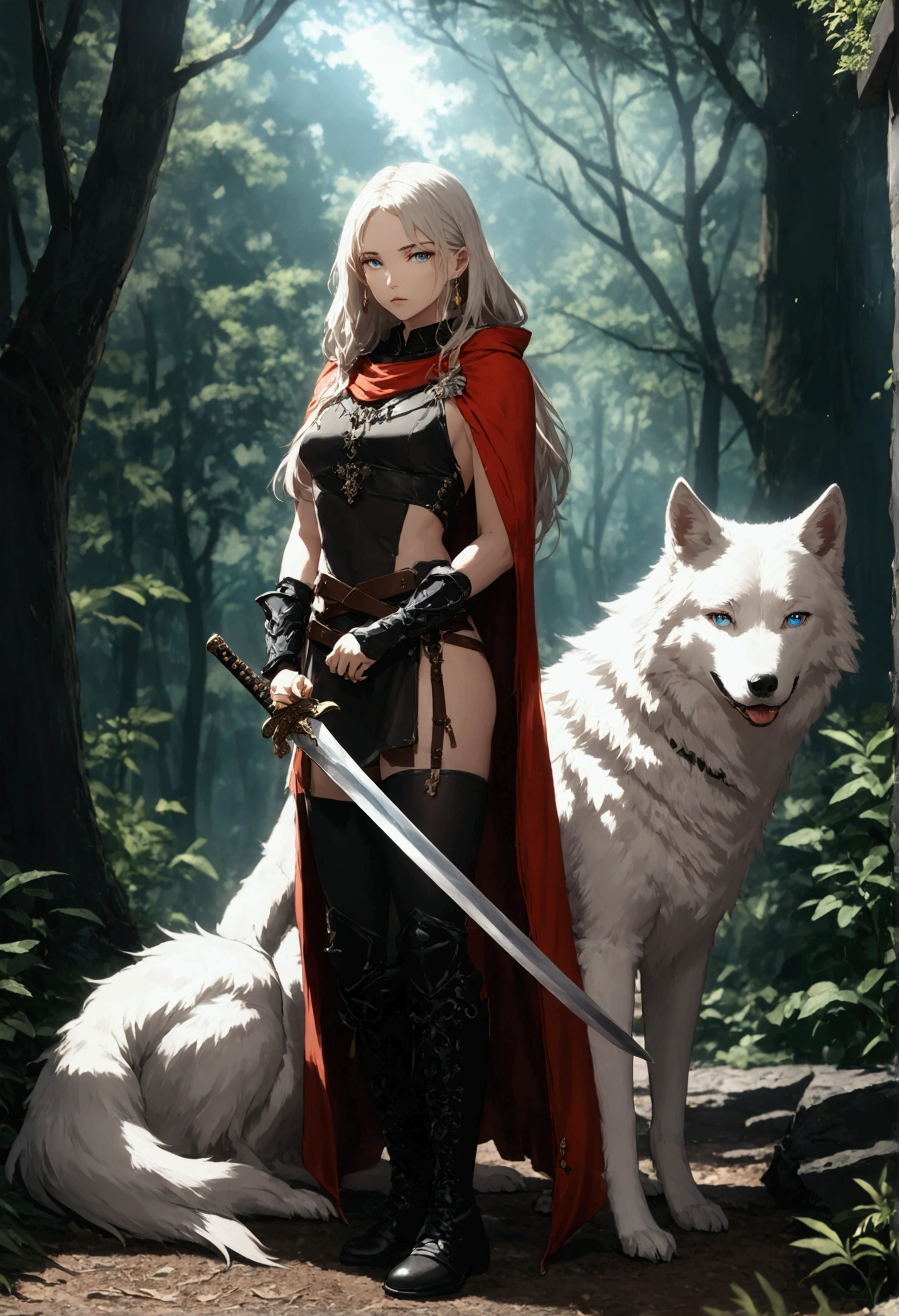 fantasy art, RPG art, Dark fantasy art, ultra wide shot, RAW, photorealistic, a picture of female human ranger and her (white: 1.4) wolf pet, the ranger, an exquisite beautiful human woman, long blond hair, braided hair, green eyes, wearing leather armor, wearing (red cloak: 1.1), armed with a (sword: 1.3), wearing laced boots, standing in a dark forest at night, (mist rising from the grounds: 1.3), an epic white wolf stands near her, a sense of dread and fear, yet she stands defiant and fearless, her white wolf pet stands near her, glowing blue eyes, protecting her, dark fantasy forest background, best quality, 16k, [ultra detailed], masterpiece, best quality, (ultra detailed), full body, ultra wide shot, photorealism