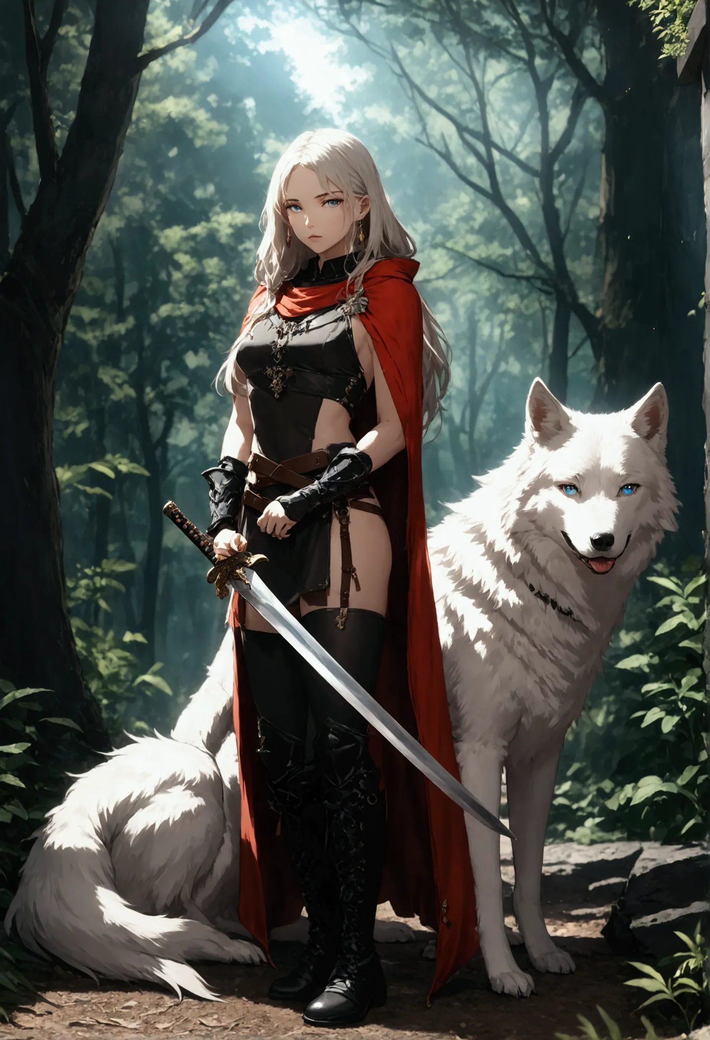 fantasy art, rpg art, dark fantasy art, ultra wide shot, raw, photorealistic, a picture of female human ranger and her (white: 1...