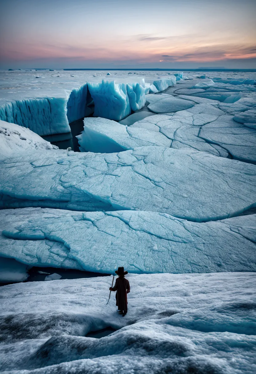 panoramic view of edge of the world at icy land , smog, beautiful ice glacier patterns, 1 old malay shirtless fishermen wearing ...