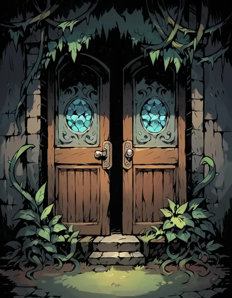 closed door with vines, locked