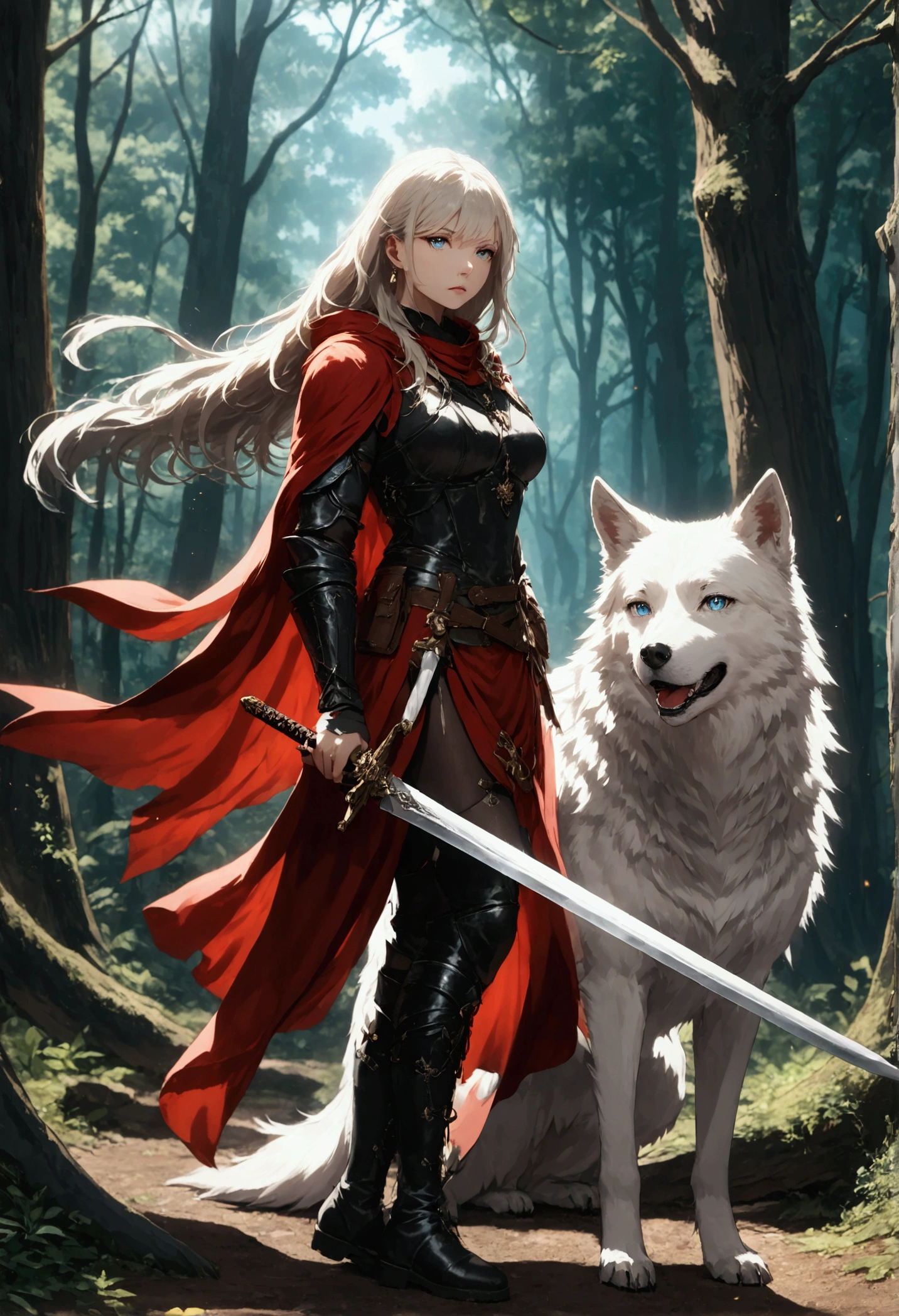 fantasy art, RPG art, Dark fantasy art, ultra wide shot, RAW, photorealistic, a picture of female human ranger and her (white: 1.4) wolf pet, the ranger, an exquisite beautiful human woman, long blond hair, braided hair, green eyes, wearing leather armor, wearing (red cloak: 1.1), armed with a (sword: 1.3), wearing laced boots, standing in a dark forest at night, (mist rising from the grounds: 1.3), an epic white wolf stands near her, a sense of dread and fear, yet she stands defiant and fearless, her white wolf pet stands near her, glowing blue eyes, protecting her, dark fantasy forest background, best quality, 16k, [ultra detailed], masterpiece, best quality, (ultra detailed), full body, ultra wide shot, Curved Sword Slash