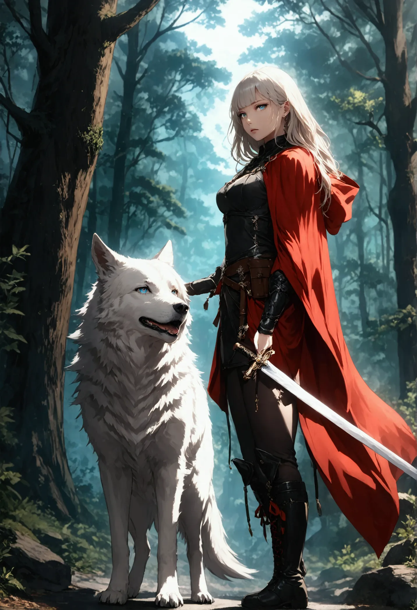 fantasy art, rpg art, dark fantasy art, ultra wide shot, raw, photorealistic, a picture of female human ranger and her (white: 1...