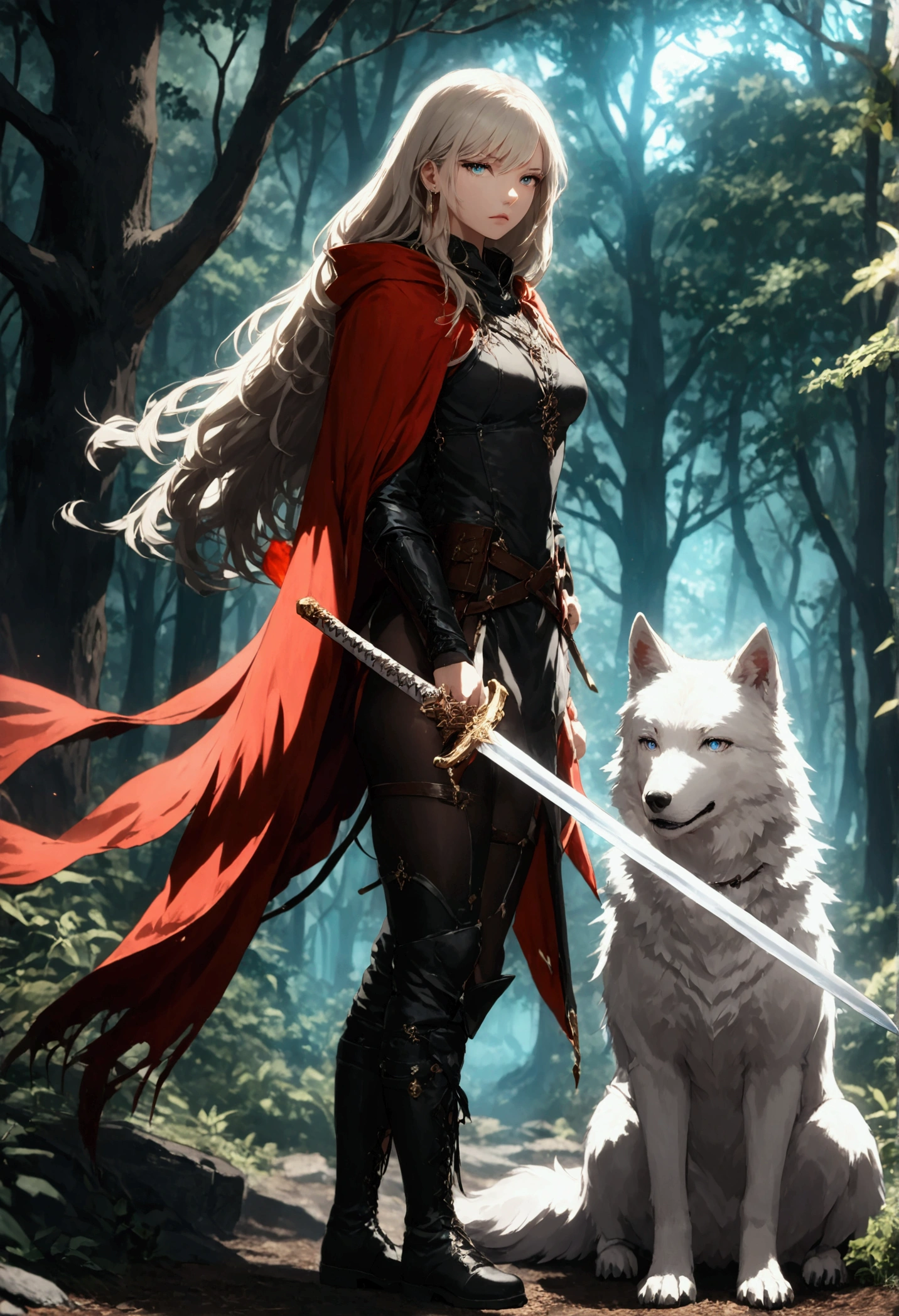 fantasy art, RPG art, Dark fantasy art, ultra wide shot, RAW, photorealistic, a picture of female human ranger and her (white: 1.4) wolf pet, the ranger, an exquisite beautiful human woman, long blond hair, braided hair, green eyes, wearing leather armor, wearing (red cloak: 1.1), armed with a (sword: 1.3), wearing laced boots, standing in a dark forest at night, (mist rising from the grounds: 1.3), an epic white wolf stands near her, a sense of dread and fear, yet she stands defiant and fearless, her white wolf pet stands near her, glowing blue eyes, protecting her, dark fantasy forest background, best quality, 16k, [ultra detailed], masterpiece, best quality, (ultra detailed), full body, ultra wide shot, Curved Sword Slash