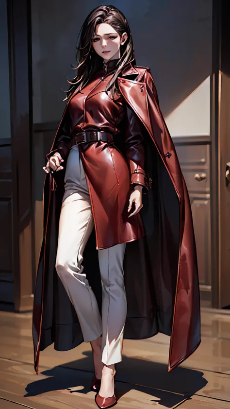 (mature woman), (red leather long coat), belt, pants, delicate body、(hig彼st quality、attention to detail、rich skin detail)、(hig彼s...