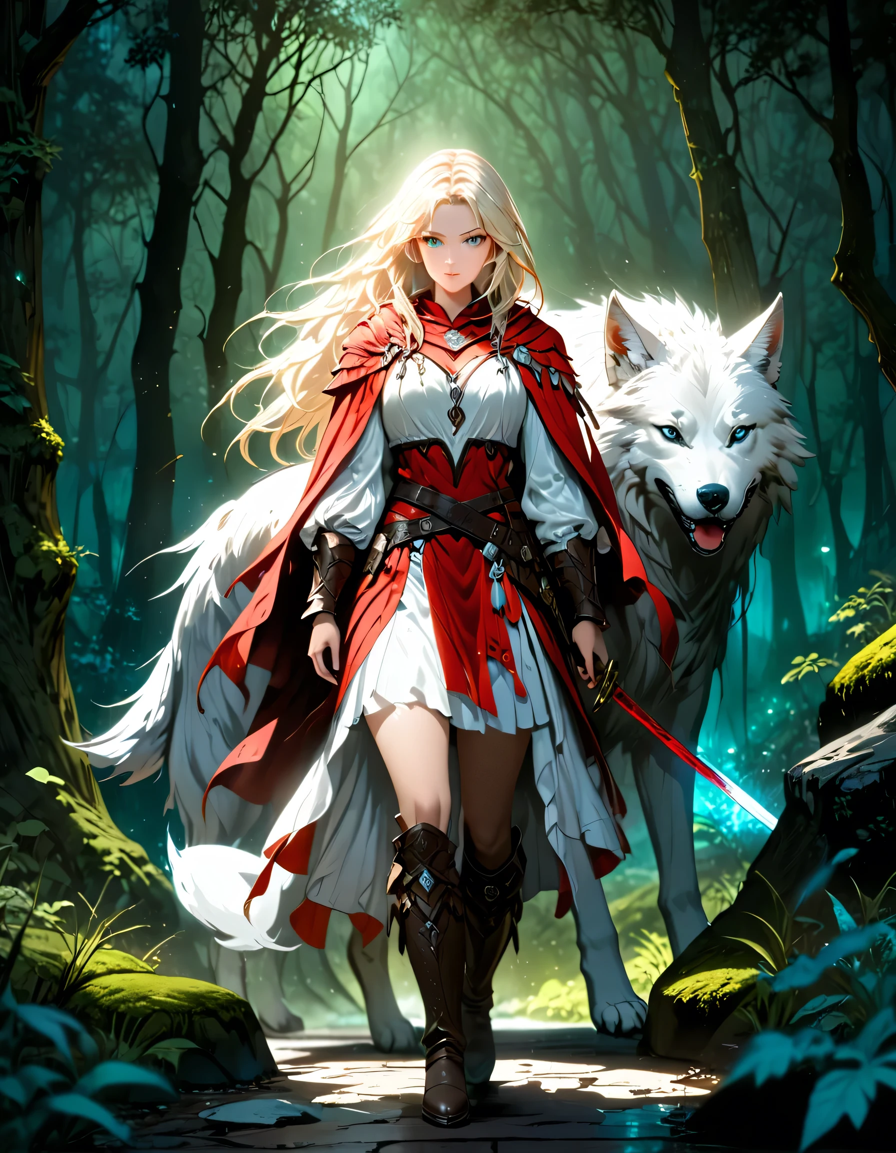 fantasy art, RPG art, Dark fantasy art, ultra wide shot, RAW, photorealistic, a picture of female human ranger and her (white: 1.4) wolf pet, the ranger, an exquisite beautiful human woman, long blond hair, braided hair, green eyes, wearing leather armor, wearing (red cloak: 1.1), armed with a (sword: 1.3), wearing laced boots, standing in a dark forest at night, (mist rising from the grounds: 1.3), an epic white wolf stands near her, a sense of dread and fear, yet she stands defiant and fearless, her white wolf pet stands near her, glowing blue eyes, protecting her, dark fantasy forest background, best quality, 16k, [ultra detailed], masterpiece, best quality, (ultra detailed), full body, ultra wide shot, photorealism