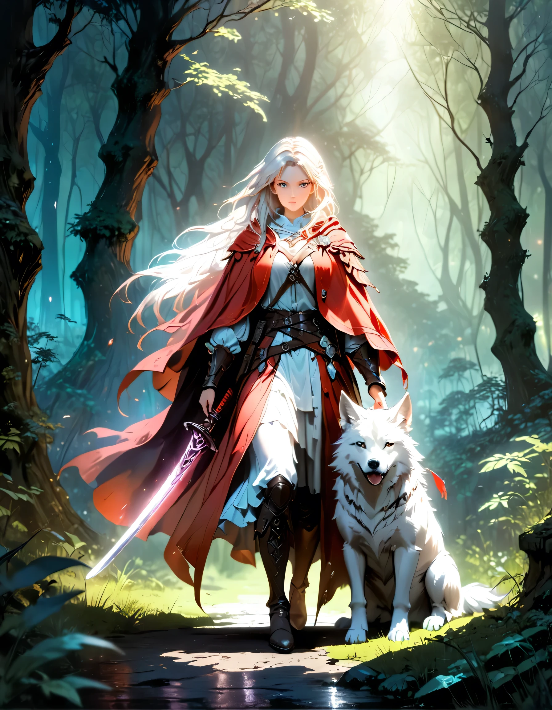 fantasy art, RPG art, Dark fantasy art, ultra wide shot, RAW, photorealistic, a picture of female human ranger and her (white: 1.4) wolf pet, the ranger, an exquisite beautiful human woman, long blond hair, braided hair, green eyes, wearing leather armor, wearing (red cloak: 1.1), armed with a (sword: 1.3), wearing laced boots, standing in a dark forest at night, (mist rising from the grounds: 1.3), an epic white wolf stands near her, a sense of dread and fear, yet she stands defiant and fearless, her white wolf pet stands near her, glowing blue eyes, protecting her, dark fantasy forest background, best quality, 16k, [ultra detailed], masterpiece, best quality, (ultra detailed), full body, ultra wide shot, photorealism