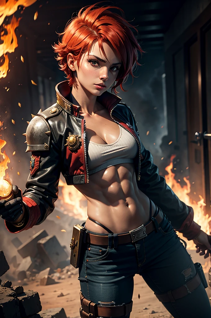 warhammer 40k, fire, female,fire, jacket, red hair, fit, tanned, serious, spiky hair, short hair, magic, western art, abs, grim dark