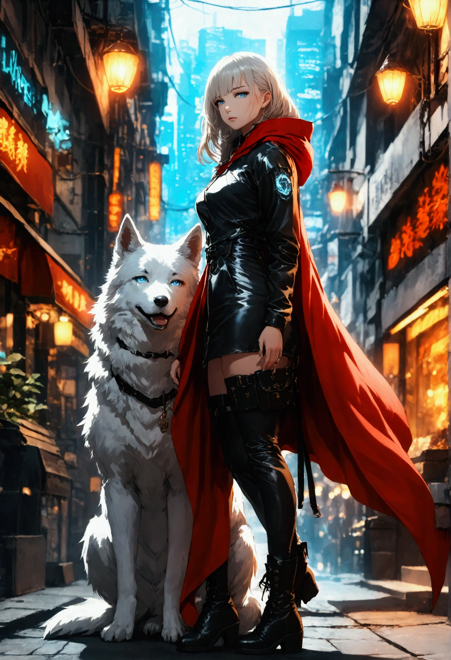 fantasy art, RPG art, ultra wide shot, RAW, photorealistic, a picture of female human ranger and her (white: 1.4) wolf pet, the ranger, an exquisite beautiful human woman, long blond hair, braided hair, green eyes, wearing leather dress, wearing (red cloak: 1.1), wearing high heeled boots, standing in a cyberpunk street at night, an epic ((white)) wolf stands near her, glowing blue eyes, protecting her, cyberpunk street background, best quality, 16k, [ultra detailed], masterpiece, best quality, (ultra detailed), full body, ultra wide shot, photorealism