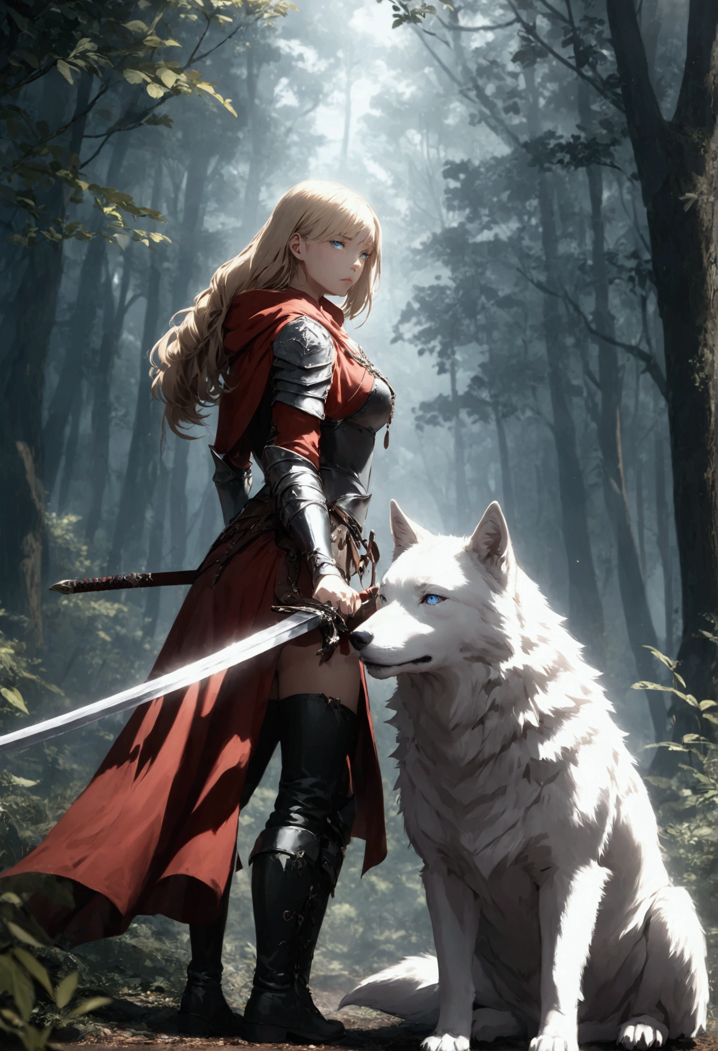 fantasy art, RPG art, Dark fantasy art, ultra wide shot, RAW, photorealistic, a picture of female human ranger and her (white: 1.4) wolf pet, the ranger, an exquisite beautiful human woman, long blond hair, braided hair, green eyes, wearing leather armor, wearing (red cloak: 1.1), armed with a (sword: 1.3), wearing laced boots, standing in a dark forest at night, (mist rising from the grounds: 1.3), an epic white wolf stands near her, a sense of dread and fear, yet she stands defiant and fearless, her white wolf pet stands near her, glowing blue eyes, protecting her, dark fantasy forest background, best quality, 16k, [ultra detailed], masterpiece, best quality, (ultra detailed), full body, ultra wide shot, Curved Sword Slash