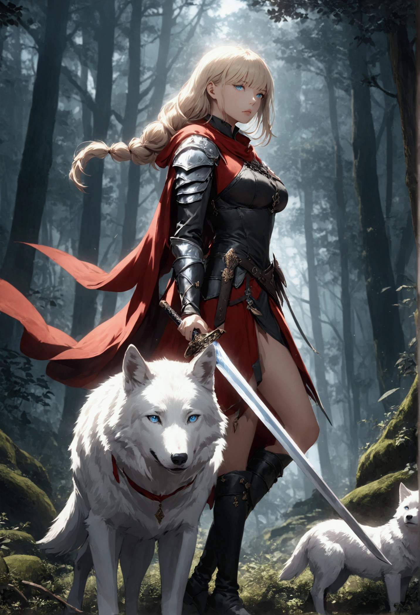 fantasy art, RPG art, Dark fantasy art, ultra wide shot, RAW, photorealistic, a picture of female human ranger and her (white: 1.4) wolf pet, the ranger, an exquisite beautiful human woman, long blond hair, braided hair, green eyes, wearing leather armor, wearing (red cloak: 1.1), armed with a (sword: 1.3), wearing laced boots, standing in a dark forest at night, (mist rising from the grounds: 1.3), an epic white wolf stands near her, a sense of dread and fear, yet she stands defiant and fearless, her white wolf pet stands near her, glowing blue eyes, protecting her, dark fantasy forest background, best quality, 16k, [ultra detailed], masterpiece, best quality, (ultra detailed), full body, ultra wide shot, Curved Sword Slash