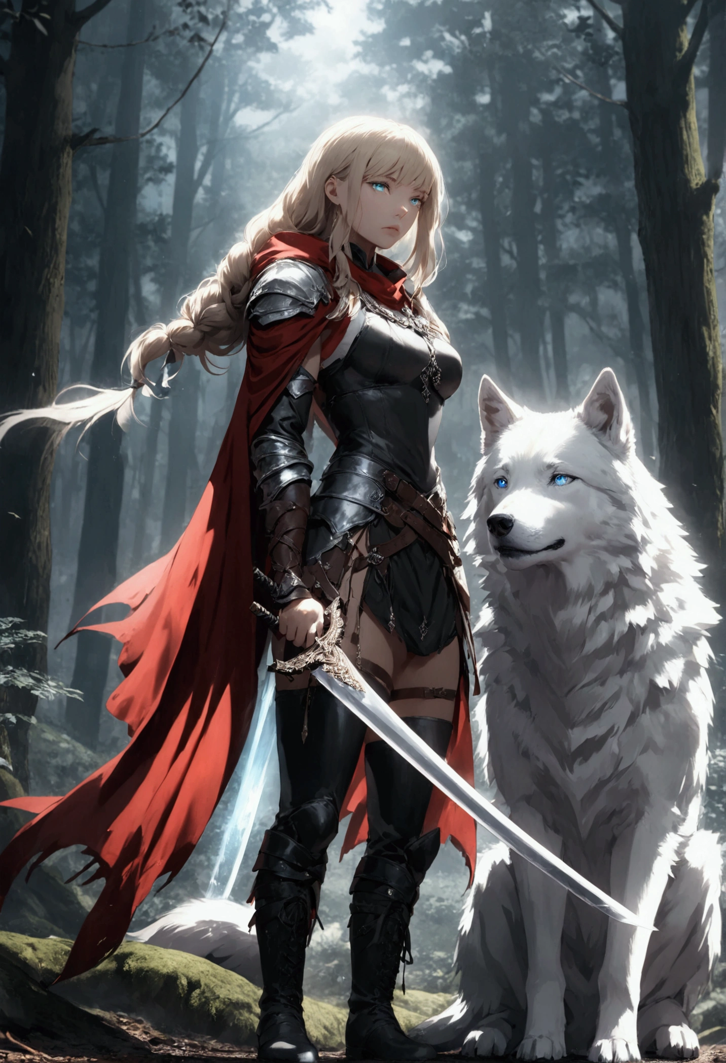 fantasy art, RPG art, Dark fantasy art, ultra wide shot, RAW, photorealistic, a picture of female human ranger and her (white: 1.4) wolf pet, the ranger, an exquisite beautiful human woman, long blond hair, braided hair, green eyes, wearing leather armor, wearing (red cloak: 1.1), armed with a (sword: 1.3), wearing laced boots, standing in a dark forest at night, (mist rising from the grounds: 1.3), an epic white wolf stands near her, a sense of dread and fear, yet she stands defiant and fearless, her white wolf pet stands near her, glowing blue eyes, protecting her, dark fantasy forest background, best quality, 16k, [ultra detailed], masterpiece, best quality, (ultra detailed), full body, ultra wide shot, Curved Sword Slash