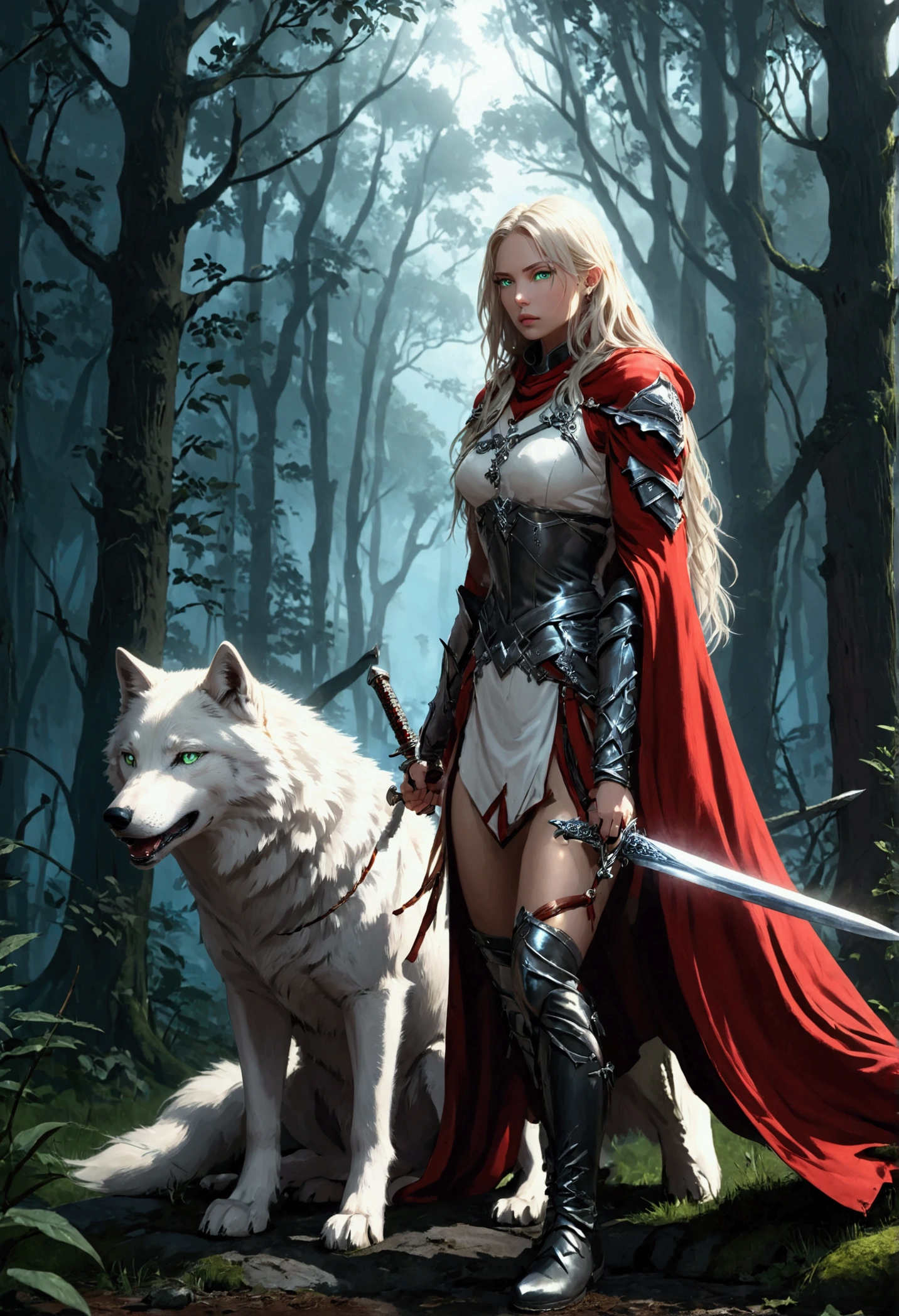 fantasy art, RPG art, Dark fantasy art, ultra wide shot, RAW, photorealistic, a picture of female human ranger and her (white: 1.4) wolf pet, the ranger, an exquisite beautiful human woman, long blond hair, braided hair, green eyes, wearing leather armor, wearing (red cloak: 1.1), armed with a (sword: 1.3), wearing laced boots, standing in a dark forest at night, (mist rising from the grounds: 1.3), an epic white wolf stands near her, a sense of dread and fear, yet she stands defiant and fearless, her white wolf pet stands near her, glowing blue eyes, protecting her, dark fantasy forest background, best quality, 16k, [ultra detailed], masterpiece, best quality, (ultra detailed), full body, ultra wide shot, Curved Sword Slash