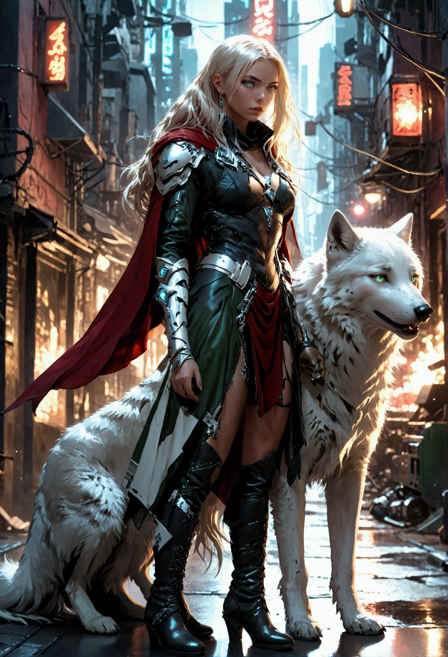 fantasy art, RPG art, ultra wide shot, RAW, photorealistic, a picture of female human ranger and her (white: 1.4) wolf pet, the ranger, an exquisite beautiful human woman, long blond hair, braided hair, green eyes, wearing leather dress, wearing (red cloak: 1.1), wearing high heeled boots, standing in a cyberpunk street at night, an epic ((white)) wolf stands near her, glowing blue eyes, protecting her, cyberpunk street background, best quality, 16k, [ultra detailed], masterpiece, best quality, (ultra detailed), full body, ultra wide shot, photorealism