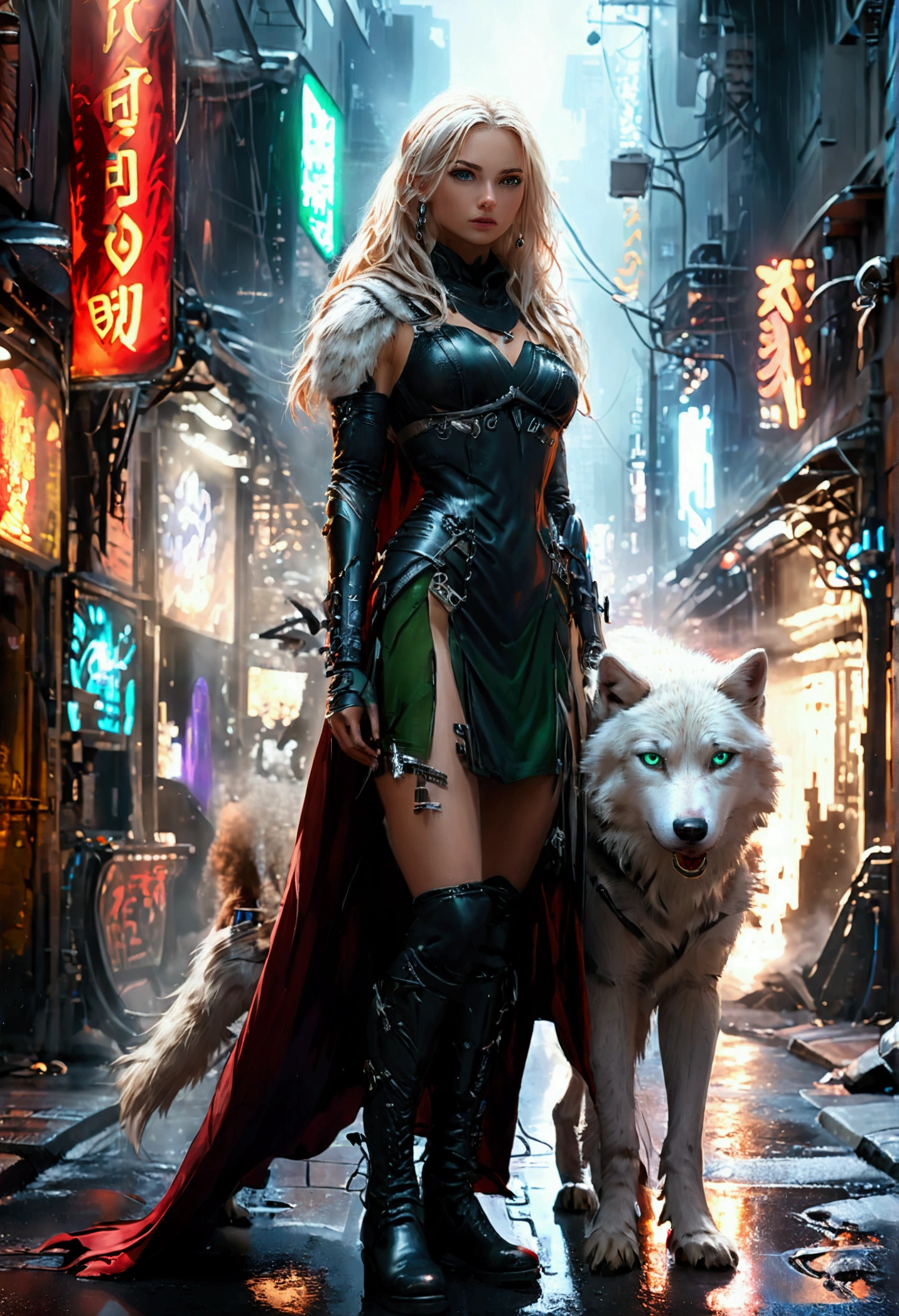 fantasy art, RPG art, ultra wide shot, RAW, photorealistic, a picture of female human ranger and her (white: 1.4) wolf pet, the ranger, an exquisite beautiful human woman, long blond hair, braided hair, green eyes, wearing leather dress, wearing (red cloak: 1.1), wearing high heeled boots, standing in a cyberpunk street at night, an epic ((white)) wolf stands near her, glowing blue eyes, protecting her, cyberpunk street background, best quality, 16k, [ultra detailed], masterpiece, best quality, (ultra detailed), full body, ultra wide shot, photorealism