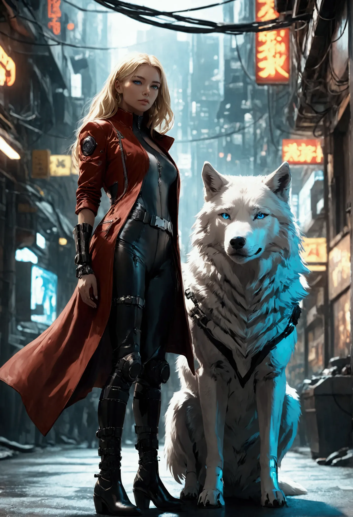 fantasy art, rpg art, ultra wide shot, raw, photorealistic, a picture of female human ranger and her (white: 1.4) wolf pet, the ...