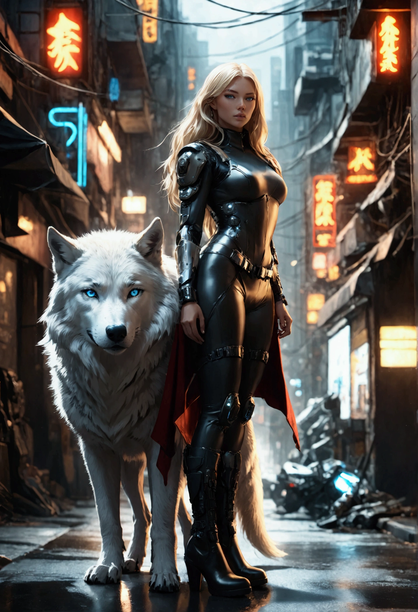 fantasy art, RPG art, ultra wide shot, RAW, photorealistic, a picture of female human ranger and her (white: 1.4) wolf pet, the ranger, an exquisite beautiful human woman, long blond hair, braided hair, green eyes, wearing leather dress, wearing (red cloak: 1.1), wearing high heeled boots, standing in a cyberpunk street at night, an epic ((white)) wolf stands near her, glowing blue eyes, protecting her, cyberpunk street background, best quality, 16k, [ultra detailed], masterpiece, best quality, (ultra detailed), full body, ultra wide shot, photorealism