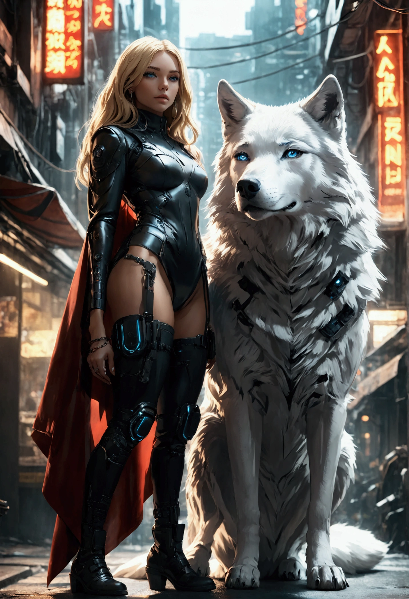 fantasy art, RPG art, ultra wide shot, RAW, photorealistic, a picture of female human ranger and her (white: 1.4) wolf pet, the ranger, an exquisite beautiful human woman, long blond hair, braided hair, green eyes, wearing leather dress, wearing (red cloak: 1.1), wearing high heeled boots, standing in a cyberpunk street at night, an epic ((white)) wolf stands near her, glowing blue eyes, protecting her, cyberpunk street background, best quality, 16k, [ultra detailed], masterpiece, best quality, (ultra detailed), full body, ultra wide shot, photorealism