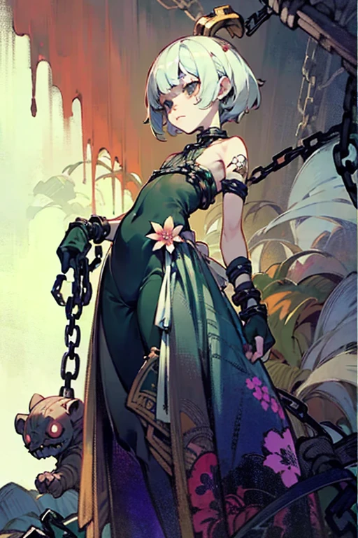 ((Background made up of chains and flowers))、 Horror elements, (masterpiece), (High resolution), (Very delicate), (clear), Manga style illustration,Japanese painting, (spooky), Crazy Illustration, Flat Illustration, spooky外観, (Mr..々Color Hair Styles), Unique atmosphere、Small eyes、（Flat Chest）, ((Muddy hair)),chain wrapped around body、((spookyタトゥー))、Holding a balloon,Skin full of stitches,restrained by thick chains、（Colorful clown costumes）、Bold Pose、Sexy Costumes、dress
