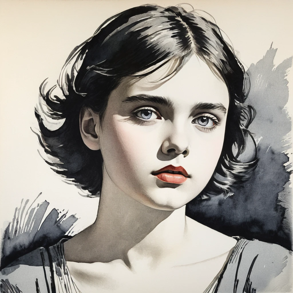 Strong contrast between black and white, dynamic and powerful impression, omitting unnecessary details, simple, easy to understand, visually recognizable, German Expressionism, A Youngster Girl's beautiful lithograph, head-to-shoulder pose, pale coloring with watercolors, top quality, high quality, masterpiece, realism, lithograph, high image quality, masterpiece,