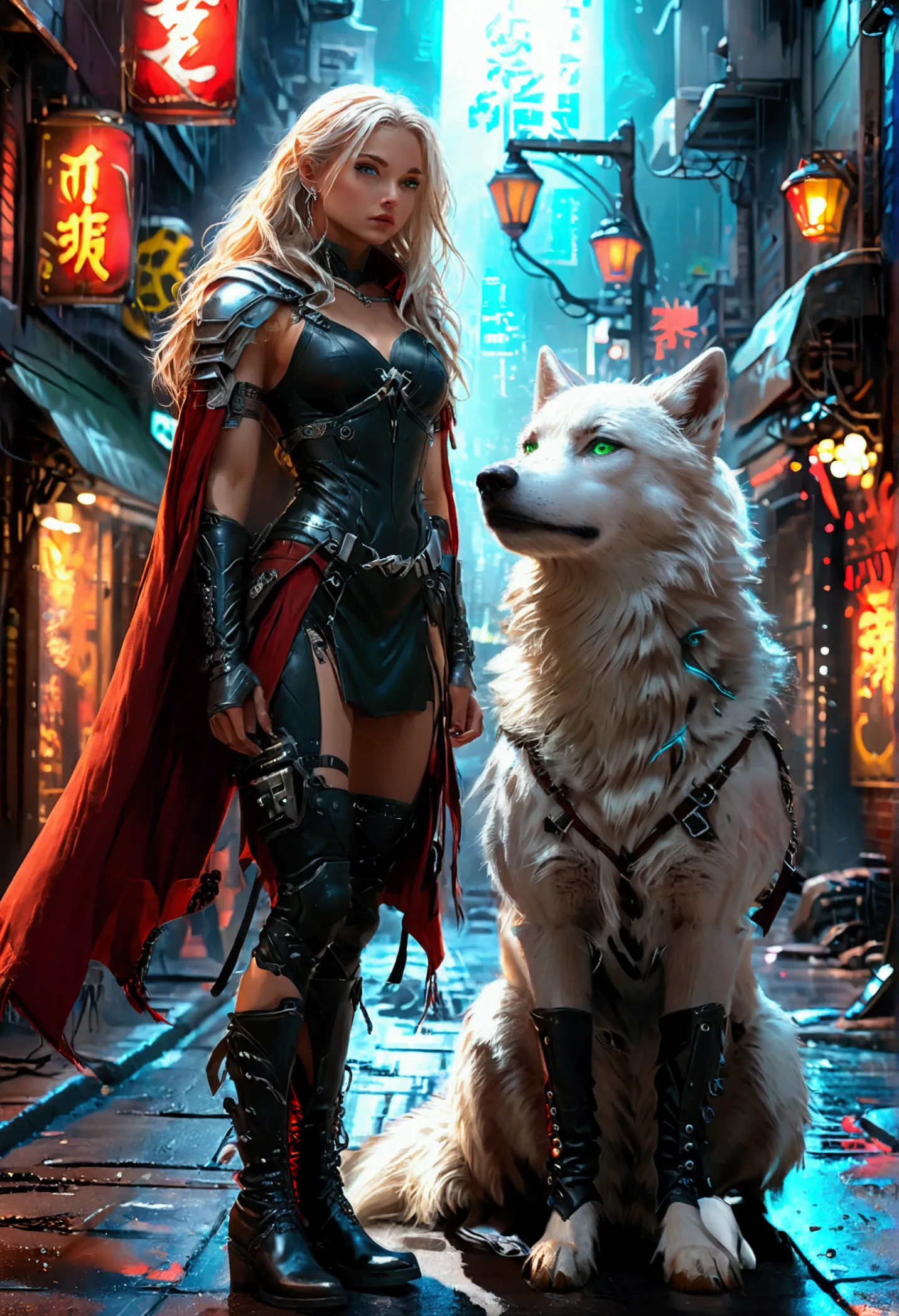 fantasy art, rpg art, ultra wide shot, raw, photorealistic, a picture of female human ranger and her (white: 1.4) wolf pet, the ...