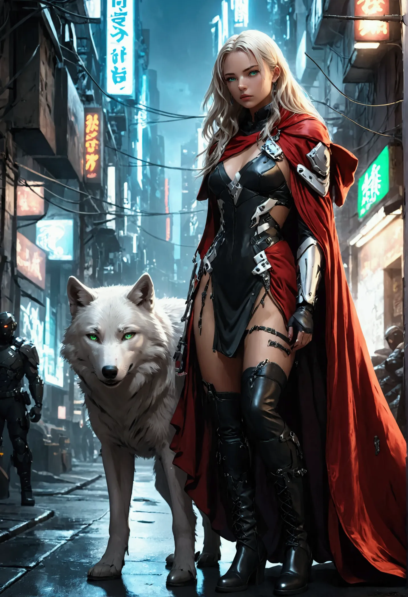 fantasy art, rpg art, ultra wide shot, raw, photorealistic, a picture of female human ranger and her (white: 1.4) wolf pet, the ...