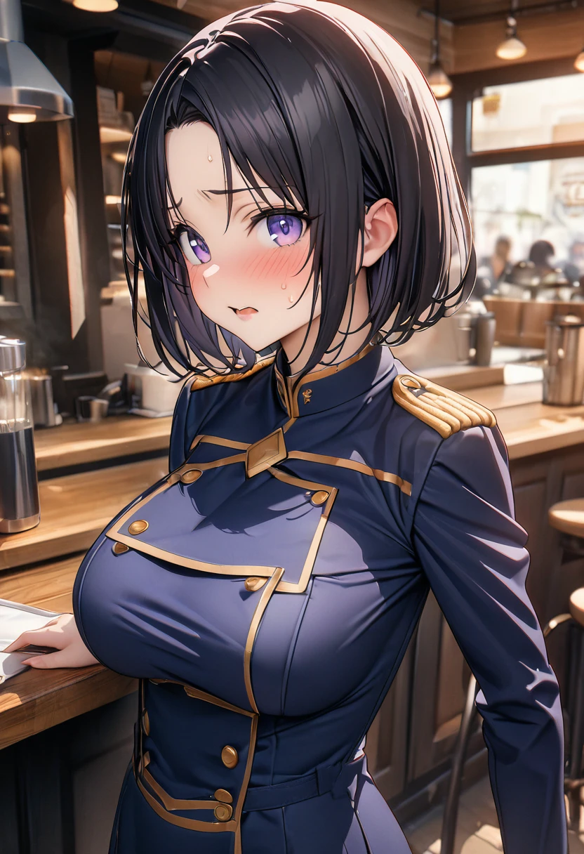 ((masterpiece,Highest quality,8k,Ultra-high resolution)),  1 person　、Adult woman in her 20s　,  Momo Juvenile Deviluke,                                     View your viewers　、　Embarrassed　,                                                             Black Hair　, Short Hair　　、　(Center parted bangs) 　　、　　　　Light purple eyes   　     　、                           The body is slim,   Big Breasts　　、　Navy Costume　、　Cafe