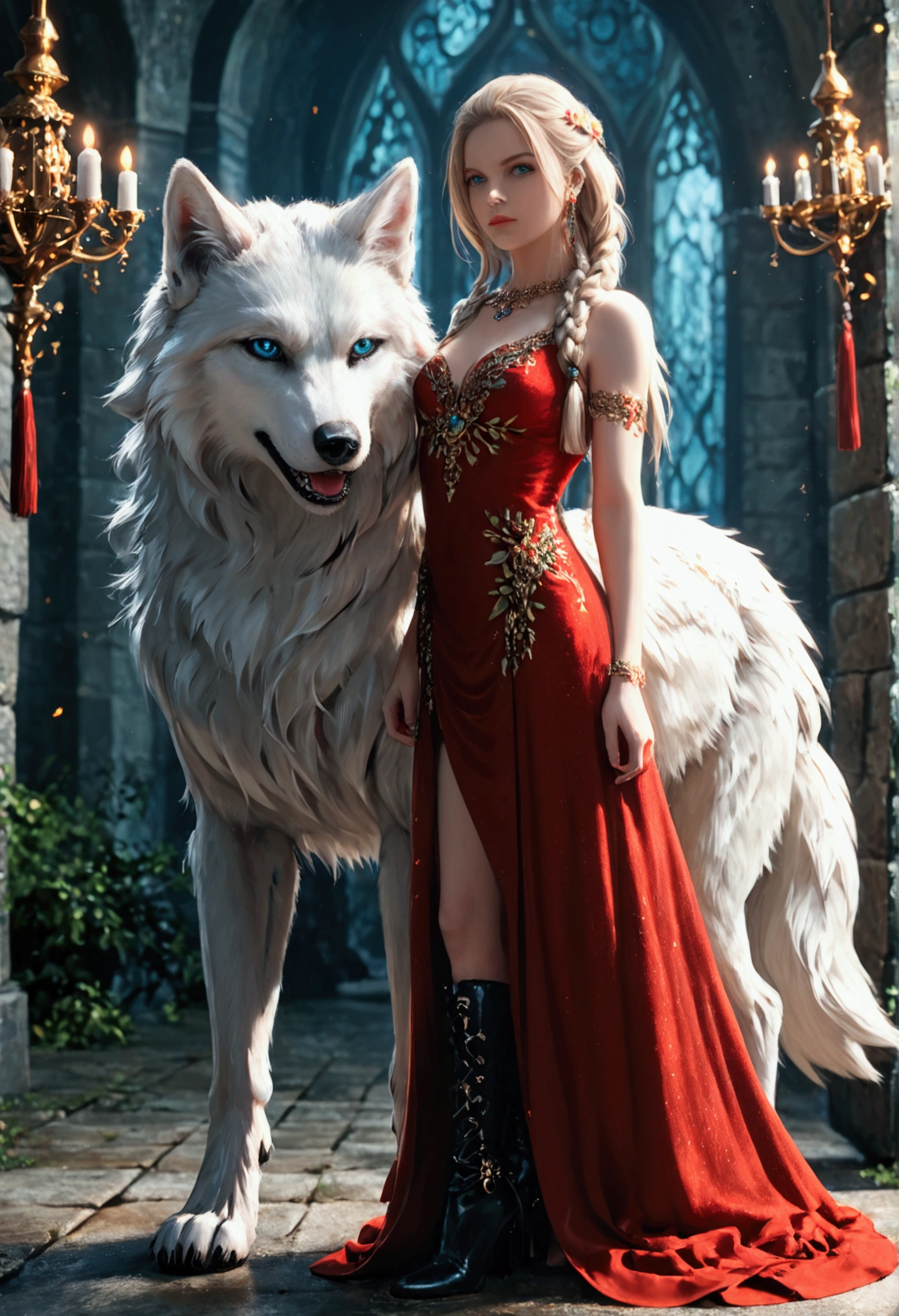 fantasy art, RPG art, ultra wide shot, RAW, photorealistic, a picture of woman and her (white: 1.4) wolf pet, the woman,  an exquisite beautiful human woman, long blond hair, braided hair, green eyes, wearing elegant silk dress, intricate dress,  wearing (red cloak: 1.1), wearing high heeled boots, standing in a fantasy ballroom, an epic ((white)) wolf stands near her, glowing blue eyes, protecting her, fantasy ballroom at night background, best quality, 16k, [ultra detailed], masterpiece, best quality, (ultra detailed), full body, ultra wide shot, photorealism