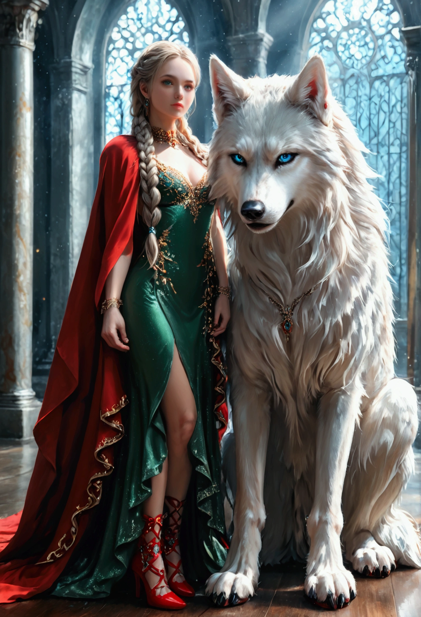 fantasy art, RPG art, ultra wide shot, RAW, photorealistic, a picture of woman and her (white: 1.4) wolf pet, the woman,  an exquisite beautiful human woman, long blond hair, braided hair, green eyes, wearing elegant silk dress, intricate dress,  wearing (red cloak: 1.1), wearing high heeled boots, standing in a fantasy ballroom, an epic ((white)) wolf stands near her, glowing blue eyes, protecting her, fantasy ballroom at night background, best quality, 16k, [ultra detailed], masterpiece, best quality, (ultra detailed), full body, ultra wide shot, photorealism