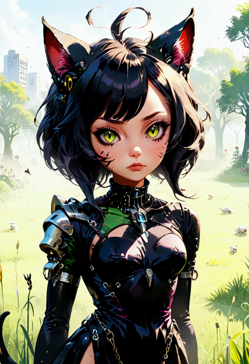 (High quality，detail-rich，Ultra-realistic 1.2)cyber punk style，Cat-eared lady，Dress normally，Delicate to the point of incredible face，devils，Crawl on the grass，sHe wears a bell around his neck，and is getting fuked doggy style, super hard buttcheek clapping together, raped in the park (1cat girl) 3 male dogs, forced sexual 👏 and pointing to her right eye. Dogs fucking a cat