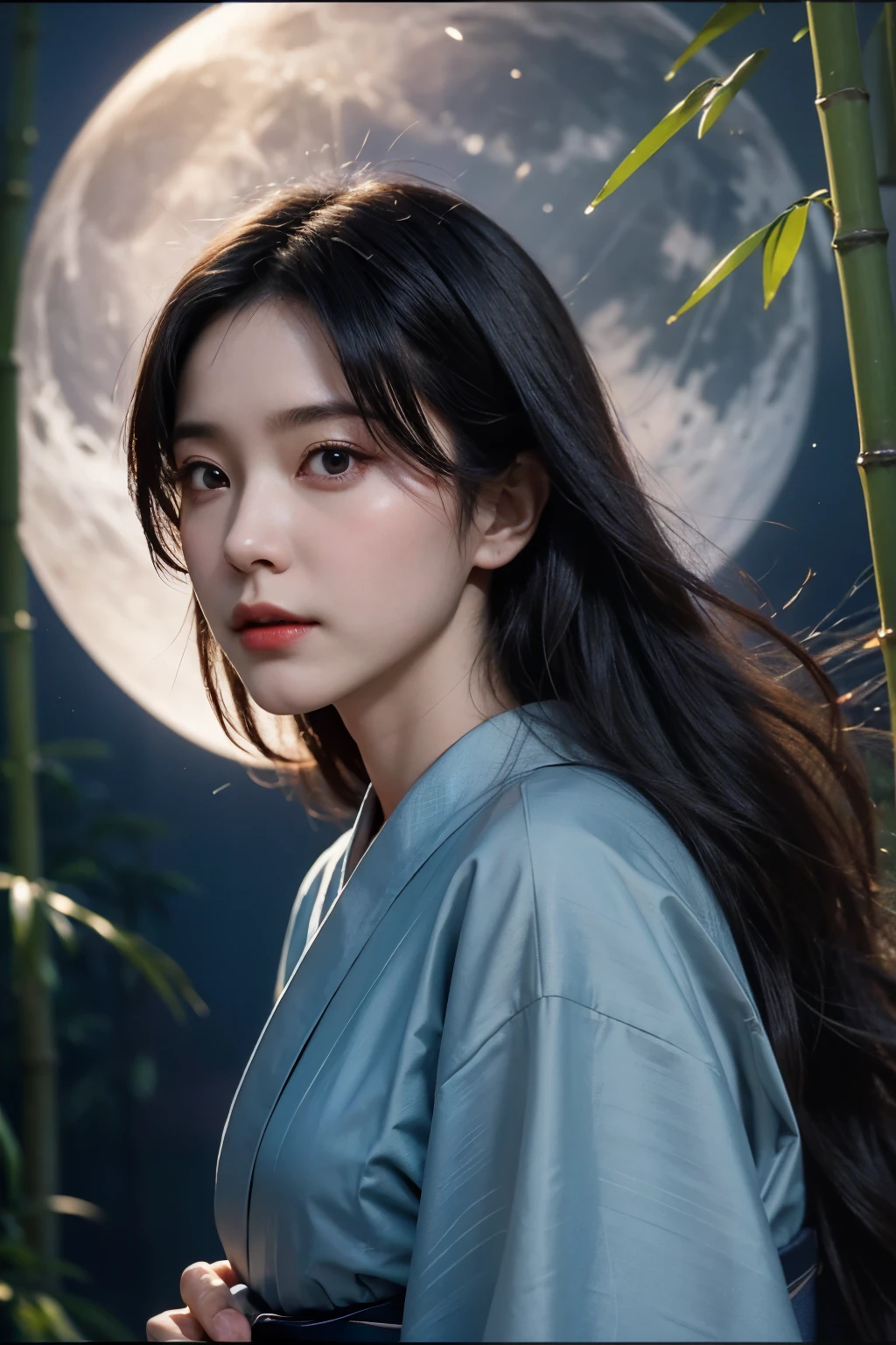 realistic, photogenic, very dark night, bamboo forest, wearing light blue colored kimono, face is looking up above the sky, the full moon is shining small and high up above her head, extremely brightly lit by moonlight only around her, beautiful long black hair, hair is blowing in the wind, hair is shaggy and dishevelled, beautiful white translucent skin, slendar figure, no makeup, exposed nape and shoulder, sad expression, slight tears in her eyes, shot from diagonal far, angle looking down from her above