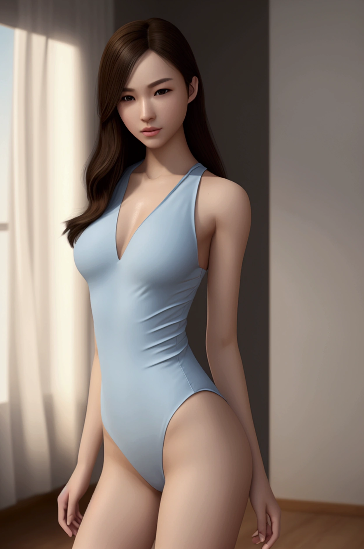 Realistic light, Top Quality, Masterpiece, Depth of Field, Cinematic, Best Quality, Ultra-detailed, photorealistic, ultra detail, finely detail, high resolution, Perfect dynamic composition,
(young chinese ((highleg:1.2), (cameltoe:1.2)) wearing very tight light-blue wet knit (transparent:1.2 swimsuit), slim long legs, slim body, skinny flat chest, small breasts, realistic body texture
