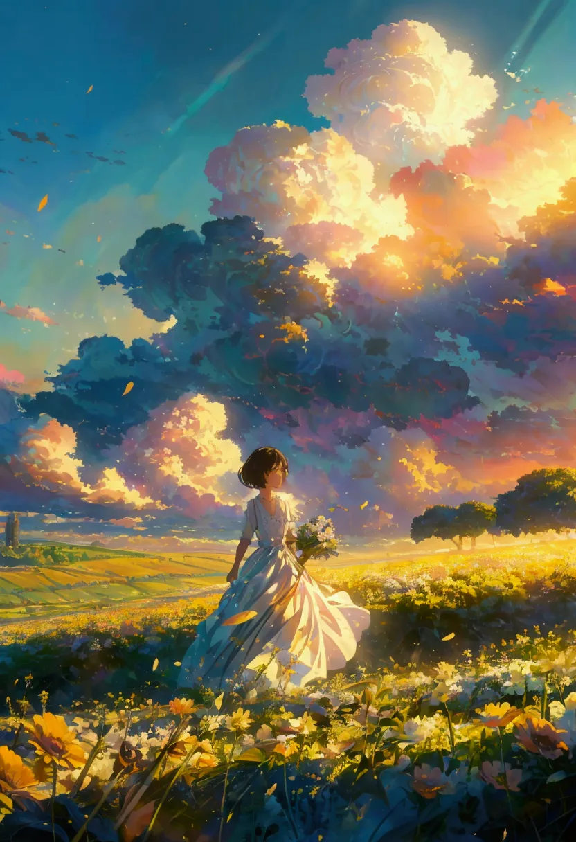 painting of a woman in a white dress walking through a field of flowers, rhads and lois van baarle, cosmic skies. by makoto shin...