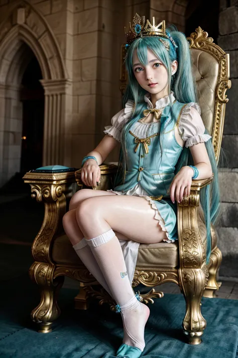 1girl, hatsune miku, princess outfit, crown, gold, ((throne)), in a castle, middle ages, wearing a blue vest, one foot on the gr...