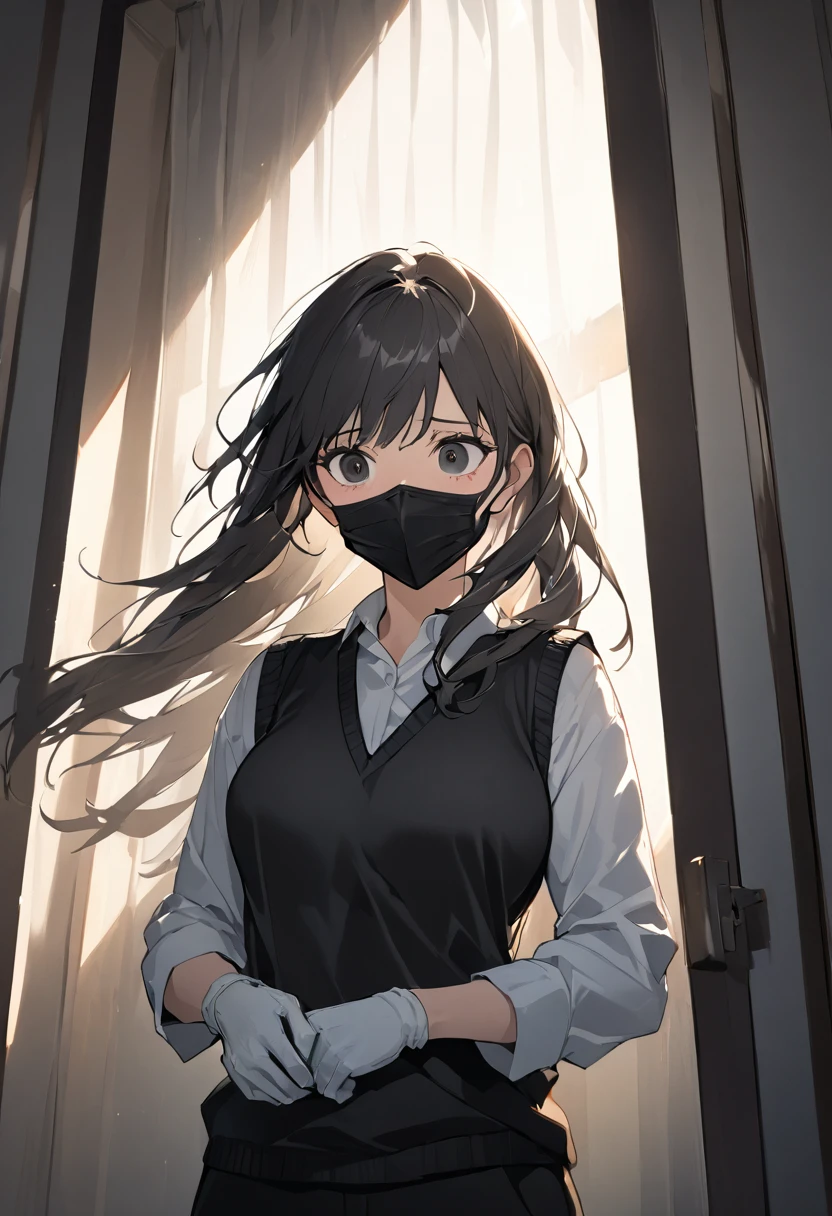 (masterpiece), best quality, 1 girl, solo, lonely girl, mature woman, Pretty Face, medium breasts, upper body, black eyes, black hair, long hair, messy haircuts, mouth mask, format suit (white Long-sleeved shirt, format tie, black sweater vest, white format gloves, black trousers), Expressionless, constricted pupils, traumatized, she is looking down. highres, highest quallity, illustration, cinematic light, dramatic shading, morning days, good lighting, volumetric lighting, backlighting, light rays, scared pose, perfect dynamic composition, foreshortening, the background in hotel room,