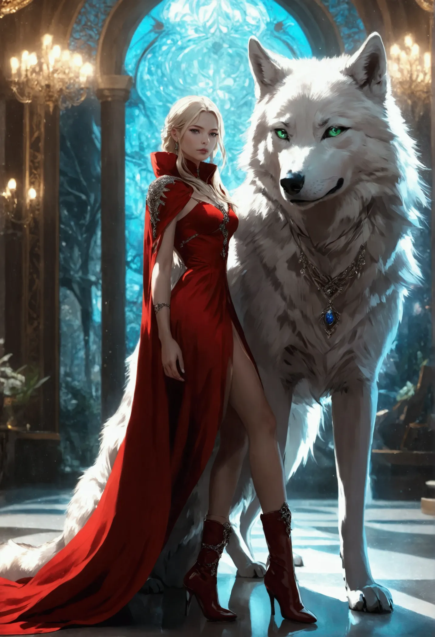 fantasy art, rpg art, ultra wide shot, raw, photorealistic, a picture of woman and her (white: 1.4) wolf pet, the woman,  an exq...