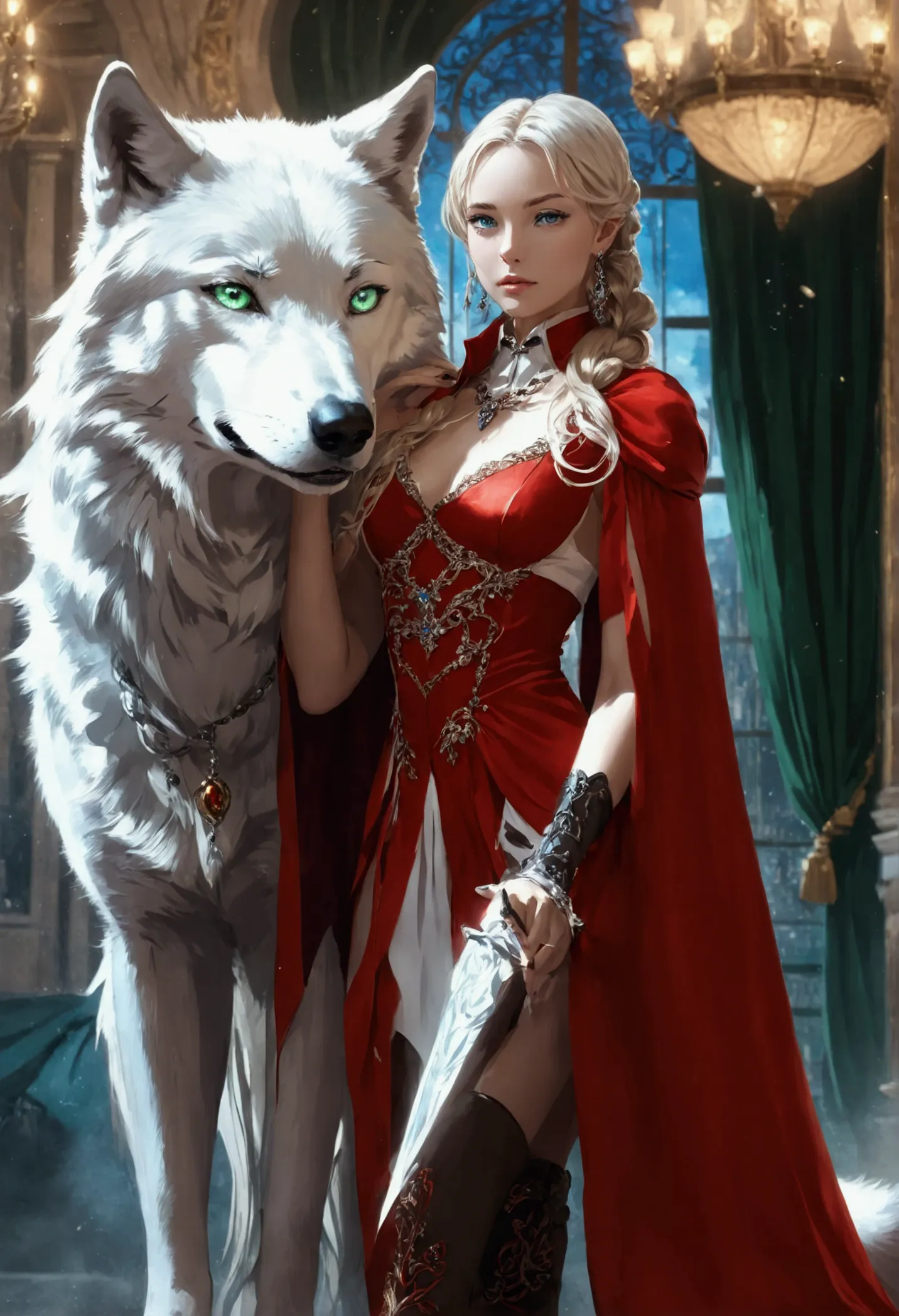 fantasy art, rpg art, ultra wide shot, raw, photorealistic, a picture of woman and her (white: 1.4) wolf pet, the woman,  an exq...