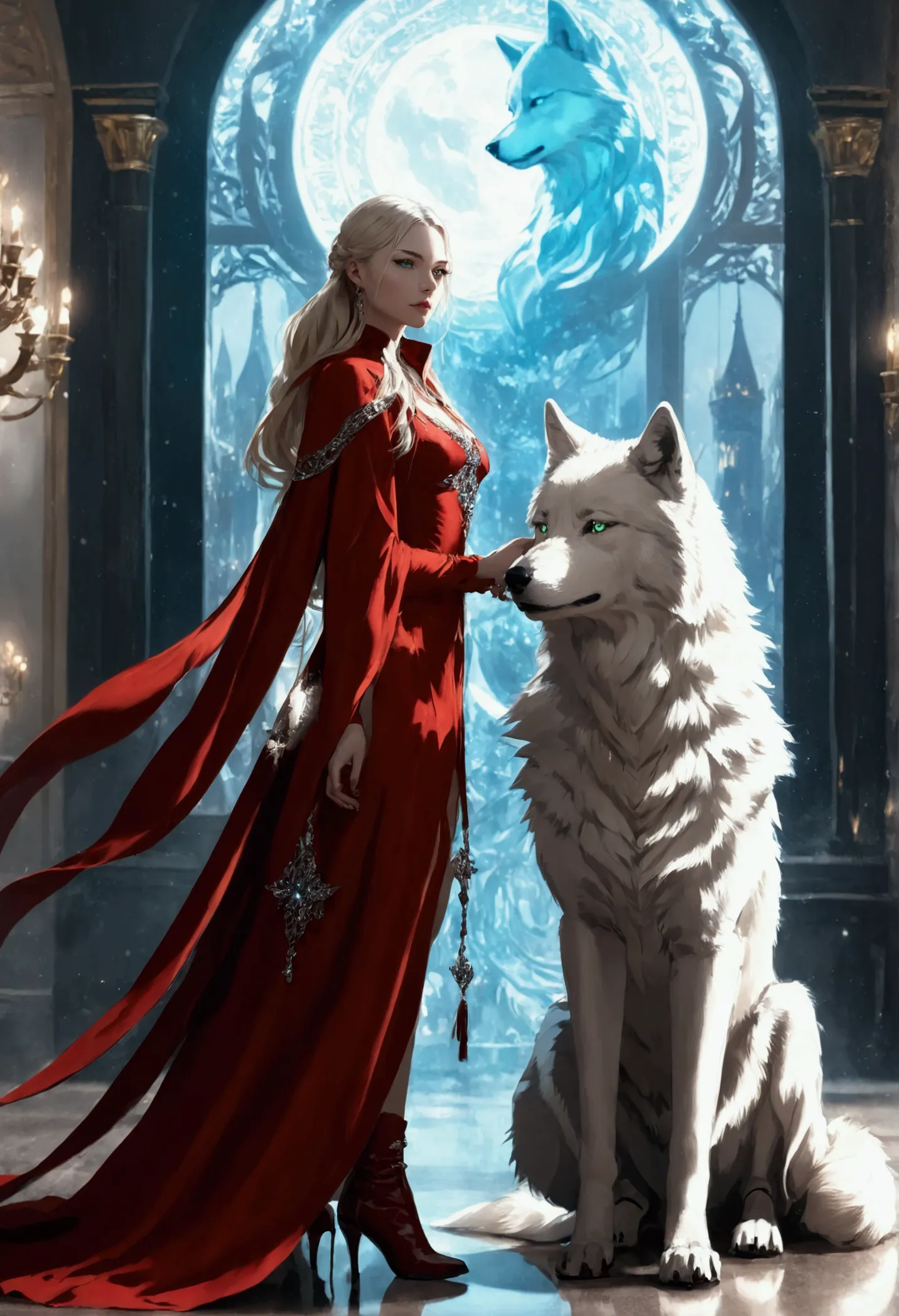 fantasy art, rpg art, ultra wide shot, raw, photorealistic, a picture of woman and her (white: 1.4) wolf pet, the woman,  an exq...