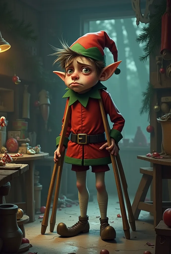 Unhappy Christmas elf on crutches