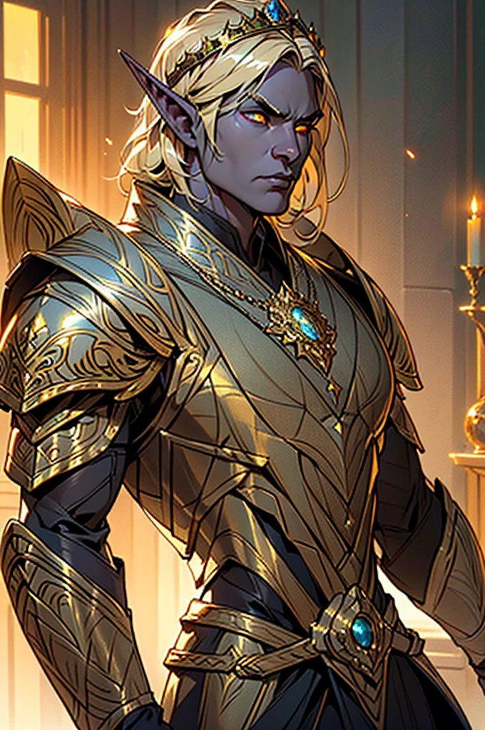 A dark drow elf king, short golden hair, glowing golden eyes, green armor with gold details, muscular build, regal pose, ornate crown, serene expression, dramatic lighting, cinematic angle, hyper realistic, 8k, intricate details, masterpiece, fantasy art