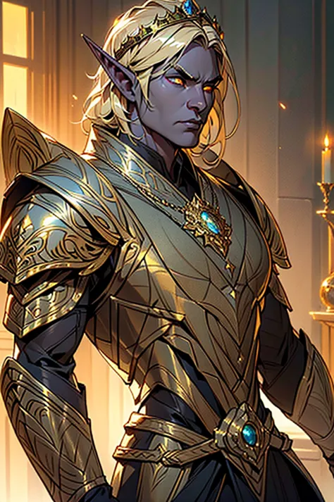 a dark drow elf king, short golden hair, glowing golden eyes, green armor with gold details, muscular build, regal pose, ornate ...