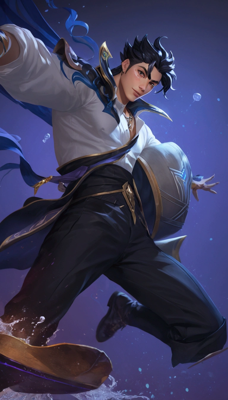 arafed image of a man in a white shirt and black pants, official splash art, tane skin, sylas, heise jinyao, leblanc, taliyah, zenra taliyah, iconic character splash art, character splash art, range murata and artgerm, kda, inspired by Huang Shen, inspired by Yi Jaegwan, splash art