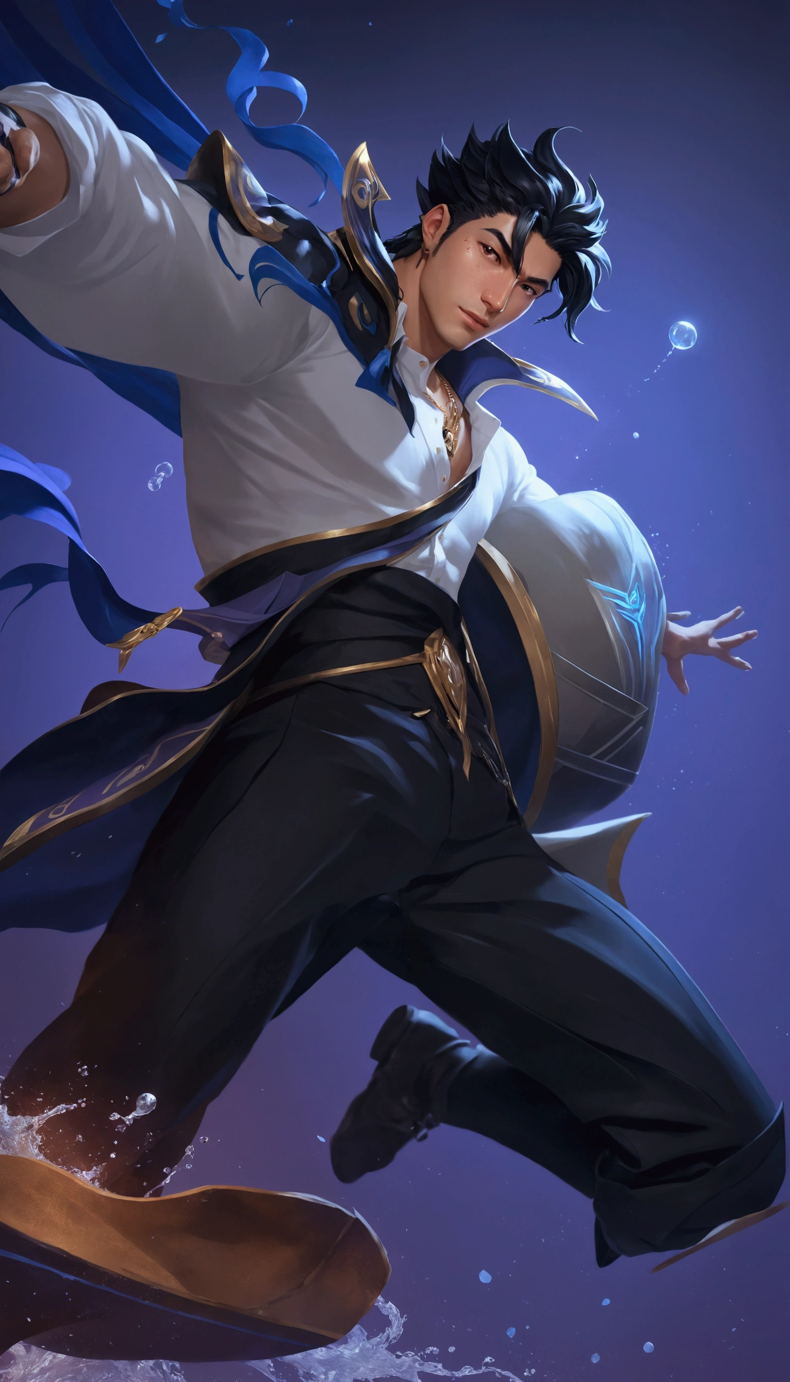 arafed image of a man in a white shirt and black pants, official splash art, tane skin, sylas, heise jinyao, leblanc, taliyah, zenra taliyah, iconic character splash art, character splash art, range murata and artgerm, kda, inspired by Huang Shen, inspired by Yi Jaegwan, splash art